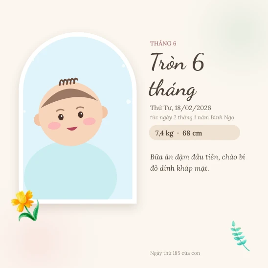 Trang Tròn 6 tháng trong sách thôi nôi mẫu Màu nước dịu