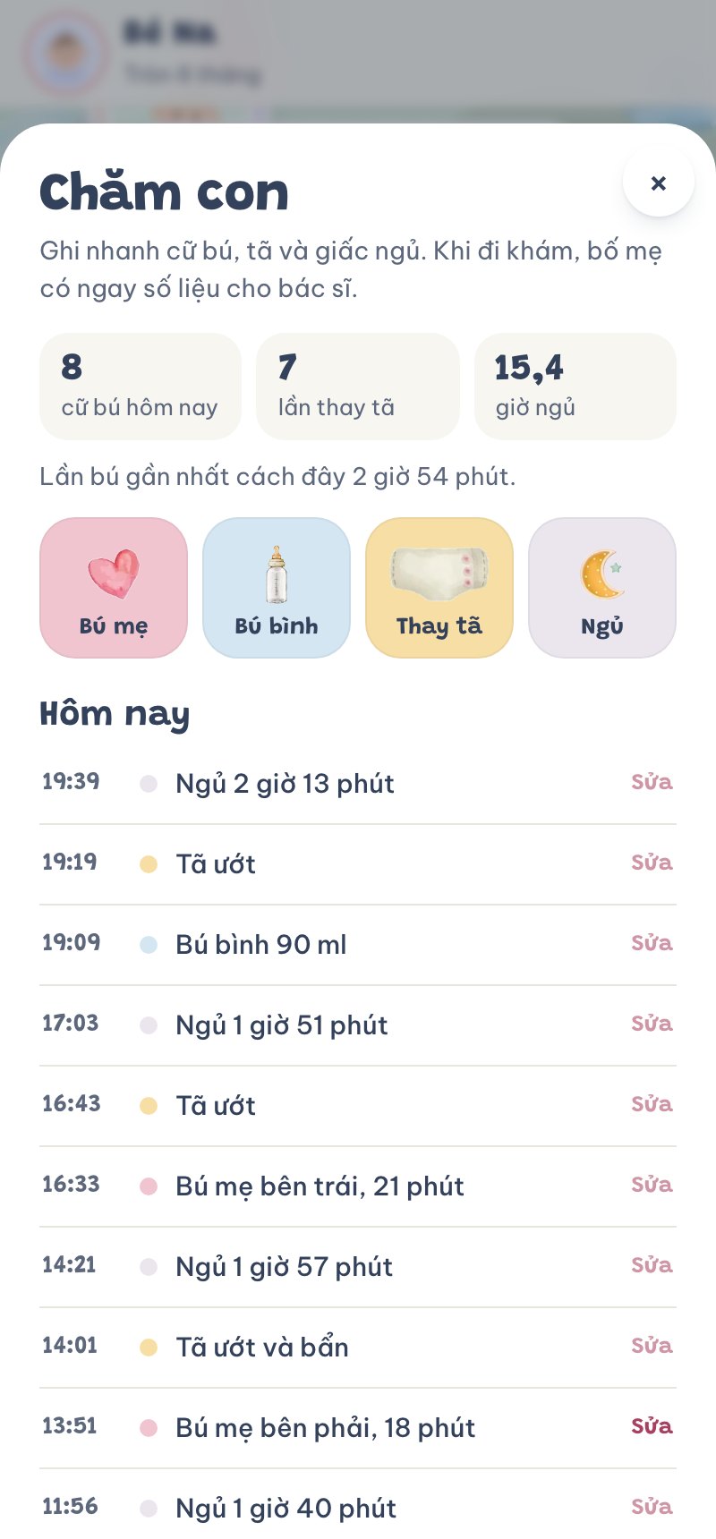 Sổ chăm con: 8 cữ bú, 7 lần thay tã, 15,4 giờ ngủ hôm nay